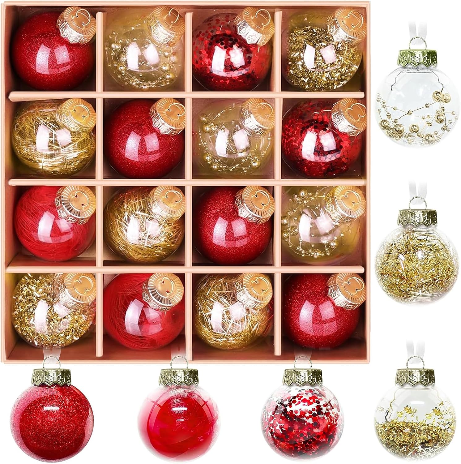 DeckTheHalls Christmas Ball Ornaments Set, 16-Piece Clear Xmas Decor for Crafts, Reusable DIY Festive Tree Decorations, Easy Hang Unbreakable Ornaments for Holiday, Party, Wedding (Red & Gold)