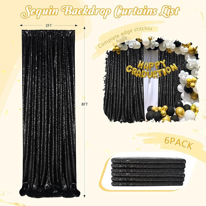 Sequin Backdrop Black Curtain 6 Panels 2ftx8ft Sparkly Party Background Drape Wedding Halloween Fabric Decoration