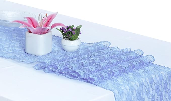 MDS Pack of 20 Wedding 12 x 108 inches Lace Table Runner for Wedding, Decorations for Birthday Parties, Banquets, Graduations, Engagements, and Runners fit Rectangle, Round Table- Baby Blue