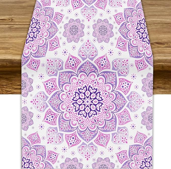 Purple Pink Mandala Table Runner, Traditional Indian Boho Mandala Flowers Print Table Runne for Kitchen Dining Table Office Wedding Party Holiday Home Decor, 13x36inch
