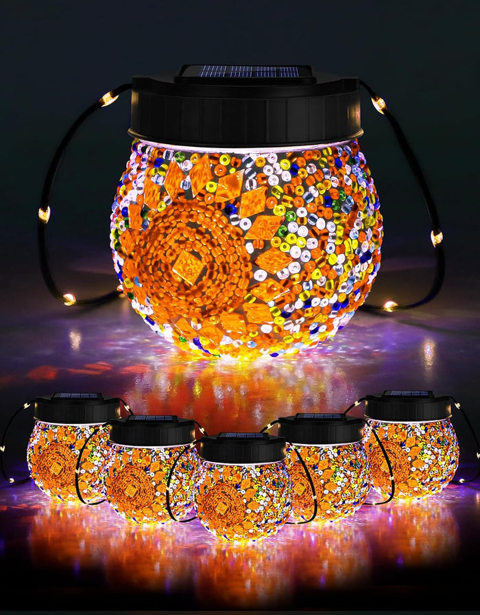 Mosaic Solar Lights Outdoor 6 Pack, Solar Hanging Lanterns Christmas Halloween Gifts for Women Mom Grandma, Waterproof Glass Globe Lights, Garden Patio Decor for Yard, Tree, Balcony, Warm
