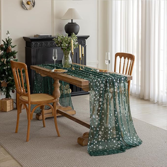 Silvery Snowflake Metallic Print Tulle Christmas Table Runner, Seasonal Winter Kitchen Dining Table Decoration for Home Party Decor 35x120 Inch (Green)