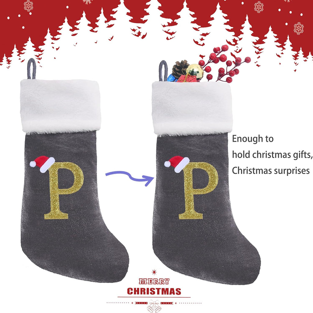20 Inches Monogram Christmas Stockings with Letters Large Super Soft Christmas Stockings, Grey Velvet with White Plush Cuff Embroidered Xmas Stocking for Christmas Family Decor Letter P