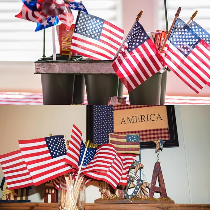 200pcs Small American Flags on Stick, Handheld 4 x 6 Inchs Mini American Flags with Kid-Safe Golden Spear Top, US Flags for 4th of July Decorations Outdoor, Independence Day Decorations