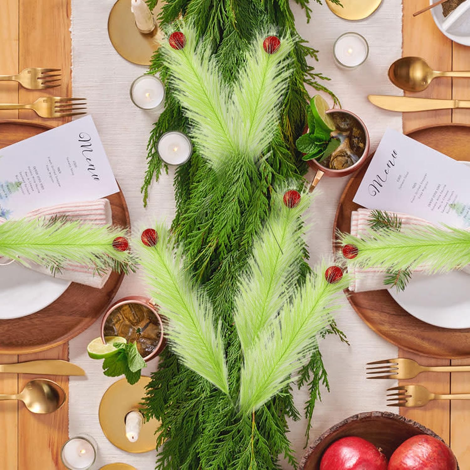 20Pcs 21.7'' Lime Green Christmas Tree Topper with Red Balls | Grinch Christmas Decorations, Artificial Pampas Grass Stems, For Wreath Craft Vase Fillers, Xmas Home Decoration Supplies