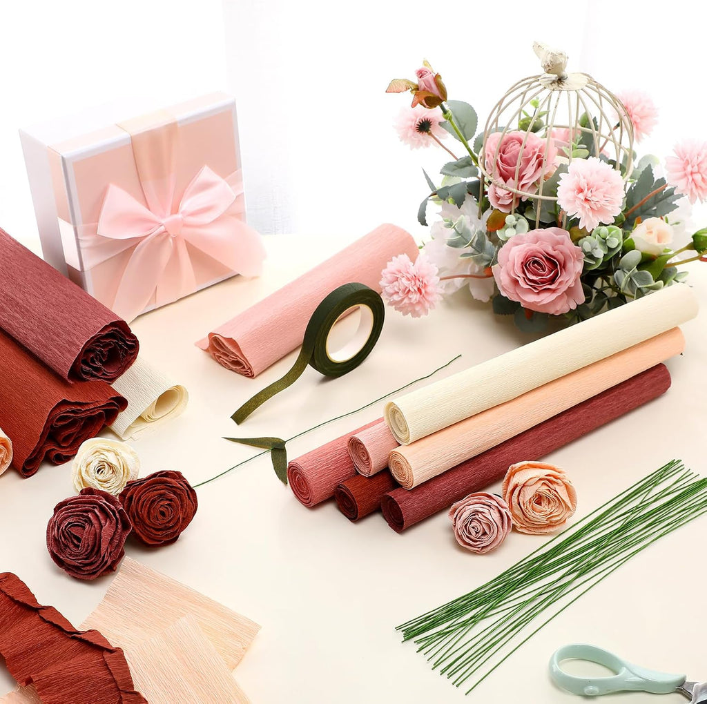 Gersoniel 57 Pcs Crepe Paper Flower DIY Kits 6 Rolls 35g Papel Crepe Sheets 50 Pcs Floral Iron Wire 10 Inch x 8 Feet 1 Roll 50 Meter for Birthday Party Wedding(Pink Series)