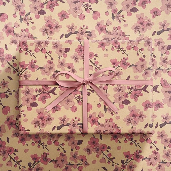 RUSPEPA Cherry Blossom Wrapping Paper Roll for Women Girls, Mini Roll, Pink Sakura Floral Kraft Gift Wrap Paper Perfect for Spring, Wedding, Birthday and Special Occasions, 17 Inches x 16.4 Feet