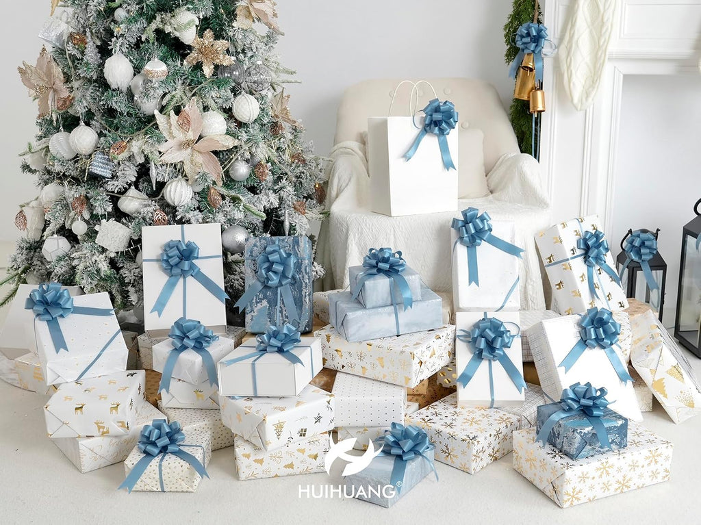 HUIHUANG Dusty Blue Pull Bows 4"x8" Blue Satin Gift Bow for Gift Wrapping, Presents, Gift Basket, Paper Bag, Baby Shower Favors, Wrapping Accessories, Wedding Bridal Shower Decor, 12 PCS