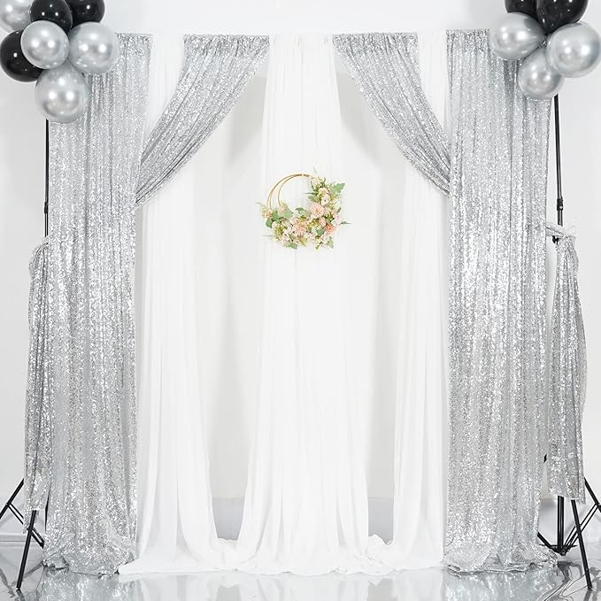 Poise3EHome Silver Sequin Backdrop Curtains,2ft x 8ft Sequin Photography Backdrop Curtain 2 Panels for Party Decoration