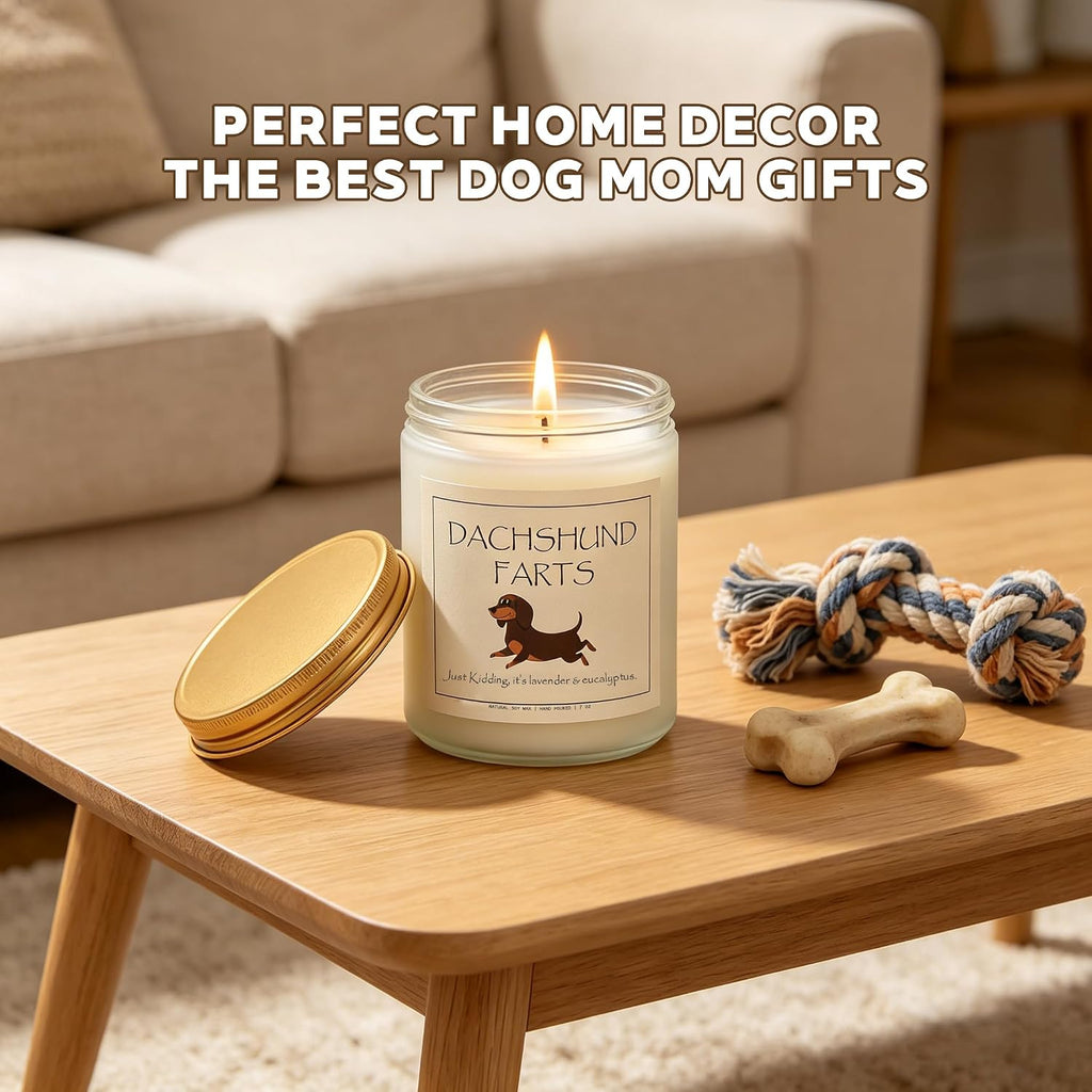 Funny Dachshund Gifts – 100% Soy Wax Scented Candle for Dachshund Lovers, Pet Safe Lavender & Eucalyptus, 50H Burn Time, Weiner Dog Gifts for Women, Unique Dachshund Decor – 7oz