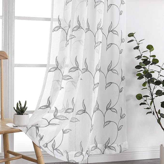 VISIONTEX Sheer Curtains 108 Inch Length 2 Panels, Decor Iron Grey Vine Leaves Embroidery on White Voile Pair, Accent Semi Window Drapes for Kitchen, Living Room and Bedroom, 54" W x 108" L
