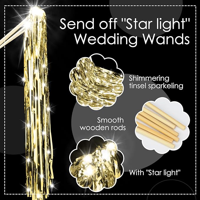 100 Pcs Lighted Wedding Wands LED Tinsel Wands Light up Streamers Sparklers for Wedding Send Off and Exits Birthday Party Props Favors(Gold)