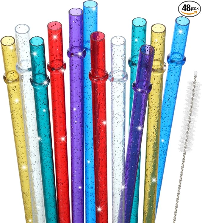 48 Pcs Plastic Straws with Team Bride Flags Reusable Glitter Drinking Straw(Gold, Dark Blue, Purple, Red, White, Green)