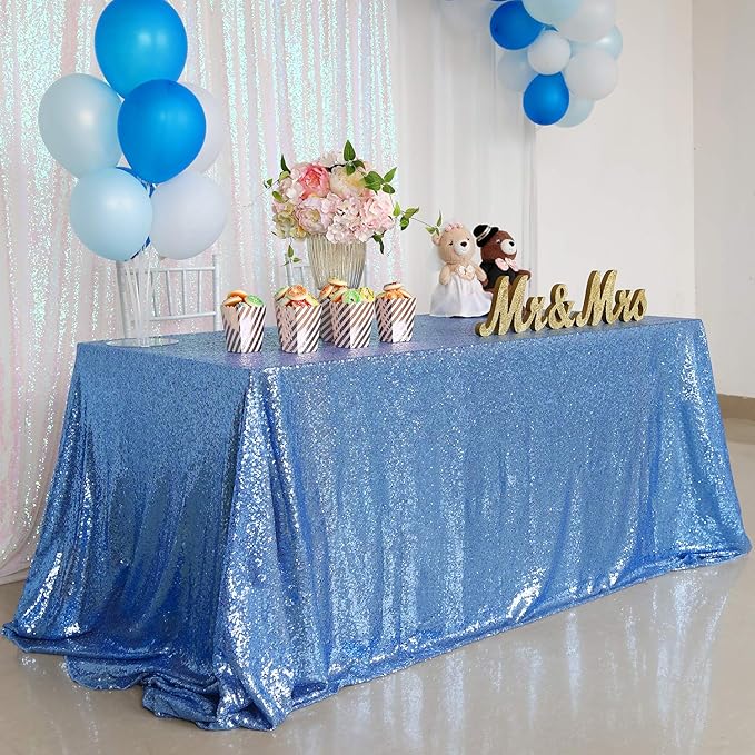 QueenDream Baby Blue Sequin Tablecloth 90x156 Inch Glitter Table Cloth for Baby Shower Birthday Party Decorations