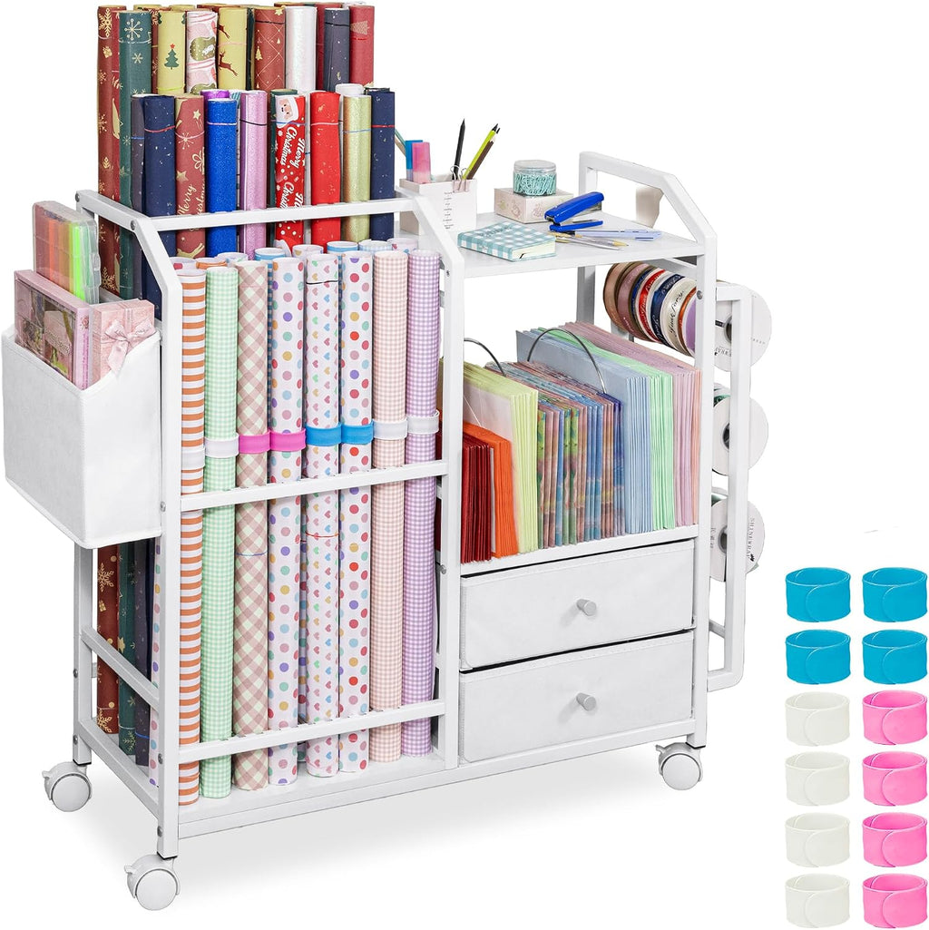 aquzee wrapping paper storage, rolling gift wrap station shown in use