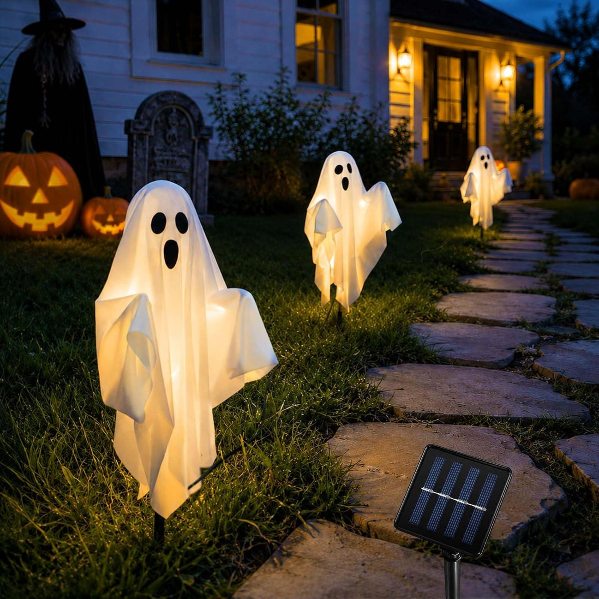 halloween ghost decorations outdoor solar powered yard pathway, front angle view