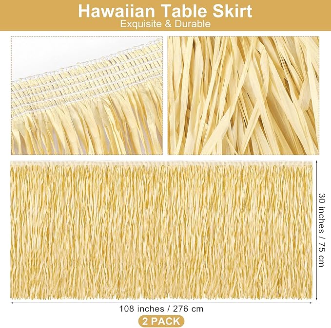 Fovths 4 Packs Luau Grass Table Skirt Fringe Straw Grass Skirt 108 x 30 Inch Hibiscus Hawaiian Table Skirts Rectangle Tropical Luau Party Decorations for Hawaiian Luau Decorations
