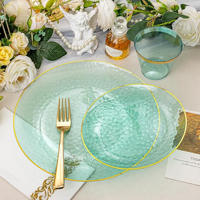 Rubtlamp 175 Pcs Green Plastic Plates Dinnerware Set (25 Guests), Hammered Plates Sets, Green Plastic Party Plates Set include 50 Disposable Plates Set, 75 Gold Plastic Silverware, 25 Cups 25 Napkins