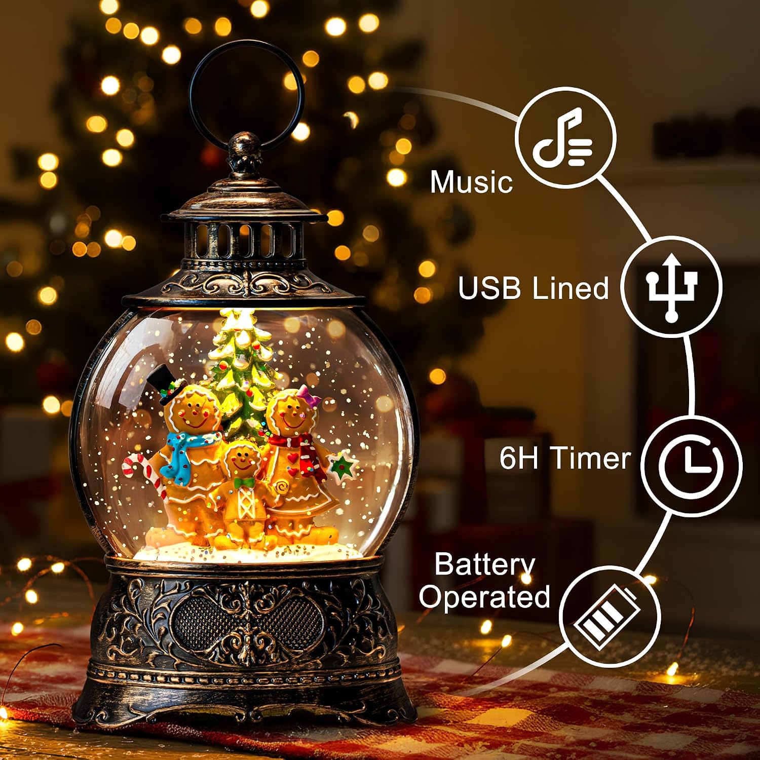 Christmas Snow Globe Water Lantern with Gingerbread Scene Battery Operated or USB Powered Musical Lighted Holiday Decoration for Tabletop Display for Family and Friends