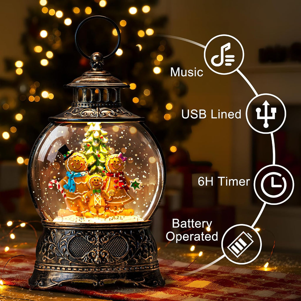 Christmas Snow Globe Water Lantern with Gingerbread Scene Battery Operated or USB Powered Musical Lighted Holiday Decoration for Tabletop Display for Family and Friends