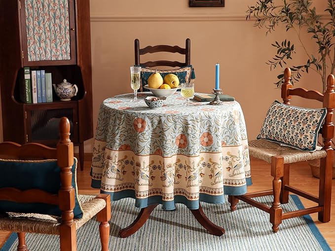 patdrea Designer French Linen Blue Round Table Cloth,Vintage Floral Tablecloth,Colorful Decoration Fall Table Cover Kitchen Dining for Tea Party,Thanksgiving,Christmas,Diameter 55"-Wensel