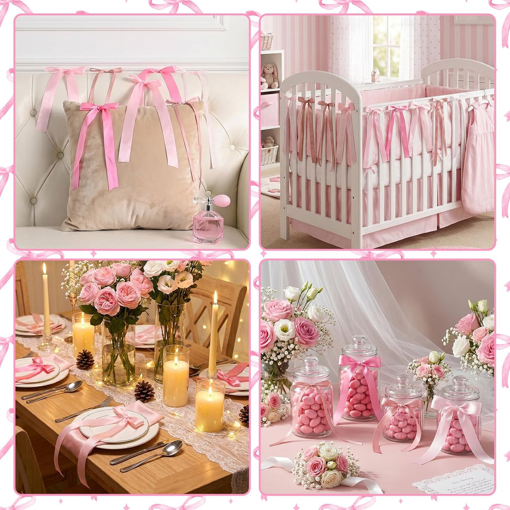 Pink Bow Birthday Decorations, 40Pcs Dusty Pink Bow Wall Decor DIY Ribbon Satin Bows Garland Photo Backdrop for Women Girl Coquette Bachelorette Baby Bridal Shower Room Bedroom Wedding Party Decor