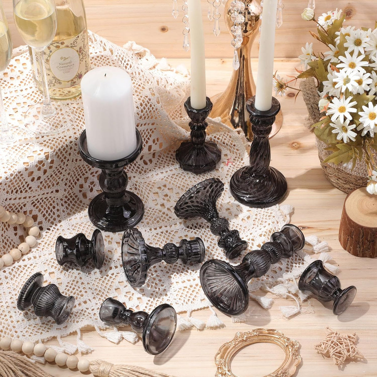 Mumufy 20 Pcs Glass Taper Candle Holders Assorted, Black