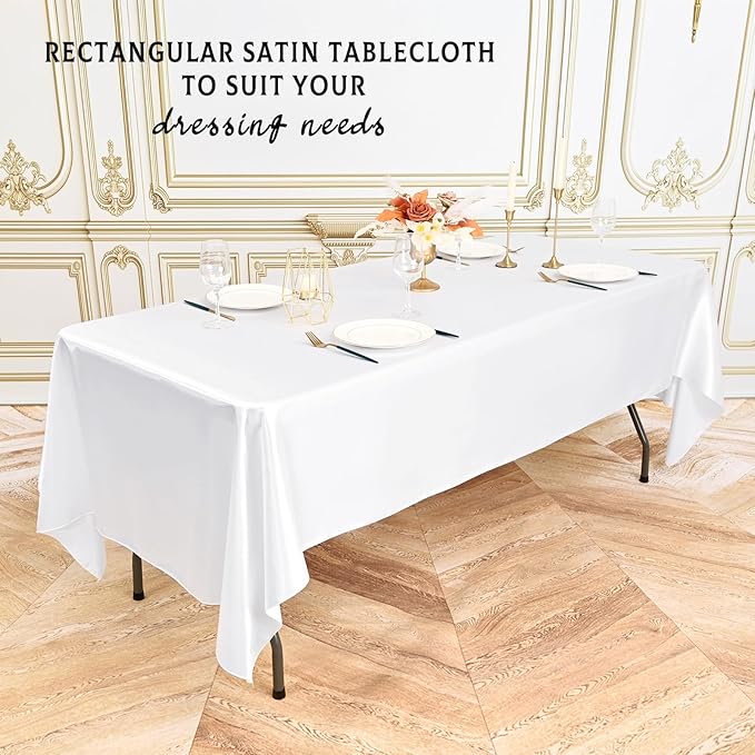 10 Packs Satin Tablecloth 57 x 108 Inch White Rectangular Table Cloth Silk Tablecloth Smooth Fabric Overlay Satin Table Cover Decoration for Wedding Party Banquet Events