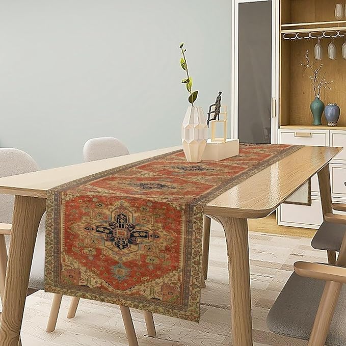 Vintage Boho Floral Table Runner, Rustic Country Farmhouse Orange Yellow Grey Retro Flower Pattern for Home Kitchen Table Decor Dining Coffee Room Party Decor 13x36in