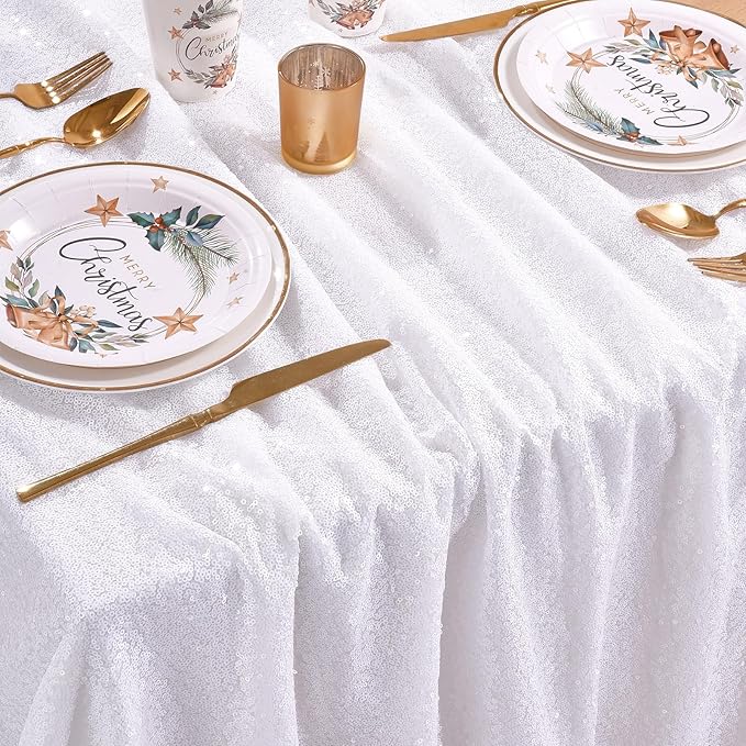 QueenDream White Tablecloth 60x102 Inch Rectangular Sequin Tablecloth for Baby Shower Wedding Banquets or Restaurants