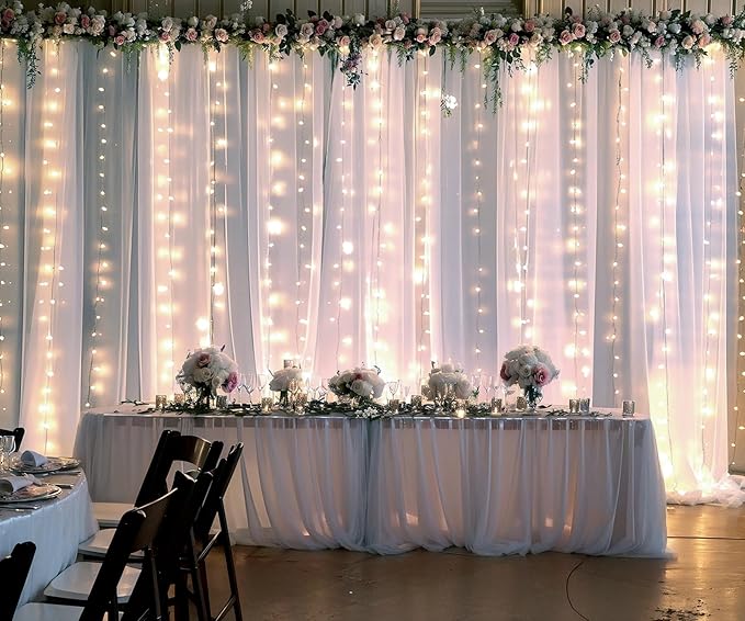 Suppromo White Tulle Backdrop Curtain with Lights String for Parites 20×8ft Sheer Curtains Wedding Baby Shower Birthday Party Photo Shoot Decorations(4 Panels 5ft×8ft)