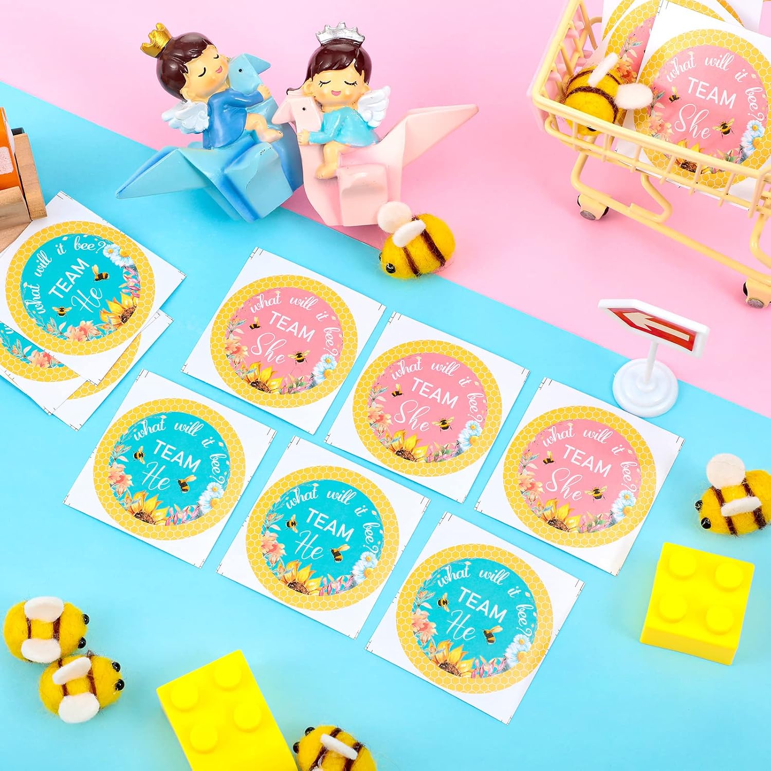 Zonon 120 Pcs Bee Baby Shower Gender Reveal Stickers 2 Inch Gold Glitter Pink Blue Team Girl or Boy Bee Team He or She Baby Shower Labels Sticker for Gender Reveal Party Games Supplies
