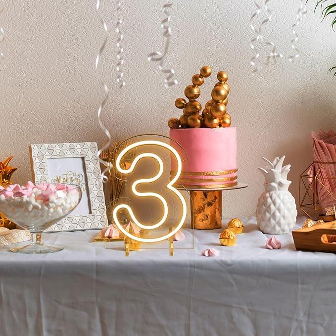 Number 3 LED Neon Sign Backdrop Birthday Party Decoration, 11.3" Height Warm White Marquee Numbers Three Light Up Sign for Wedding Anniversary Window Wall Table, Indoor Battery Operated or USB