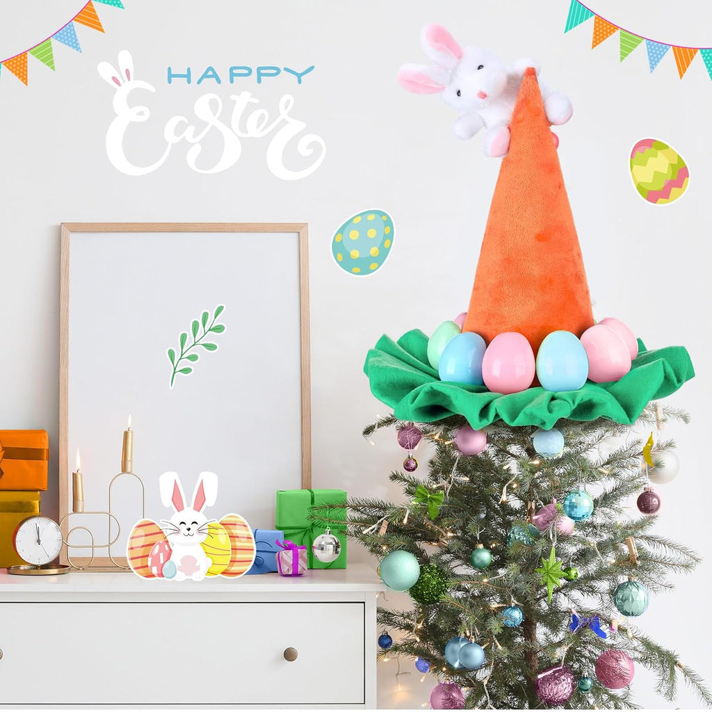 Easter Tree Topper Hat with Bunny Ears Decoration with Bow Carrot Trees Topper Decorations Ornaments for Easter Spring Outdoor Indoor Home Decorative Party Supplies(Carrot)