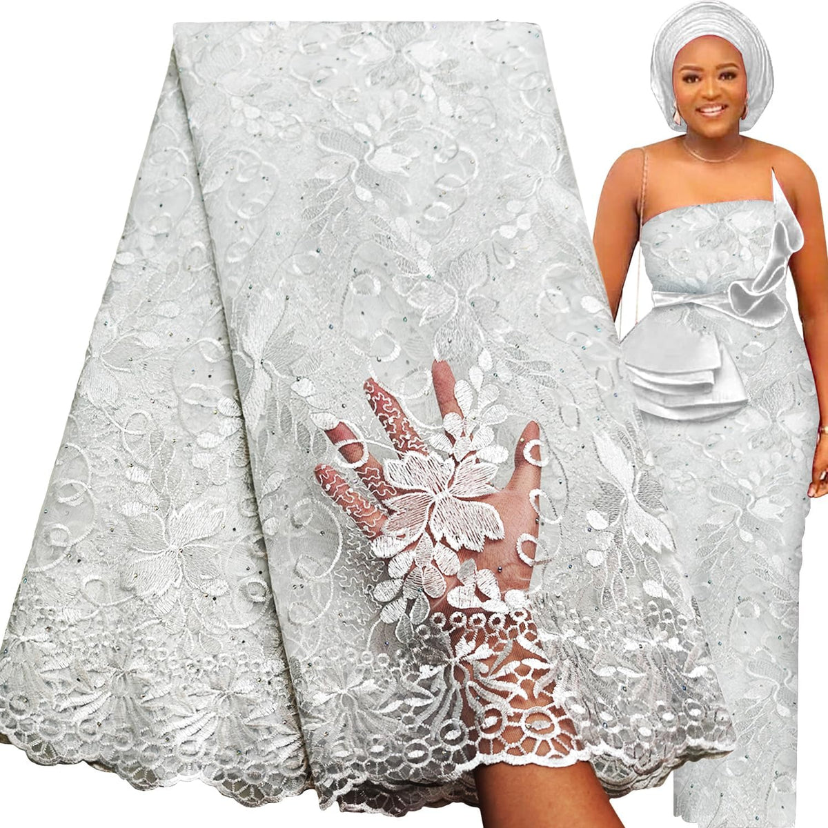 bestway african lace fabric 5 yards white rhinestones, main product view