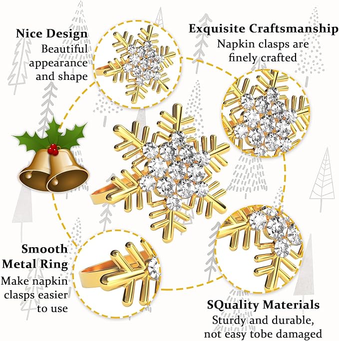 Halatool Christmas Napkin Rings Set of 8, Gold Snowflake with White Rhinestone Napkin Holder for Christmas Thanksgiving Winter Holiday Place Setting, Weddings, Party Table Decoration