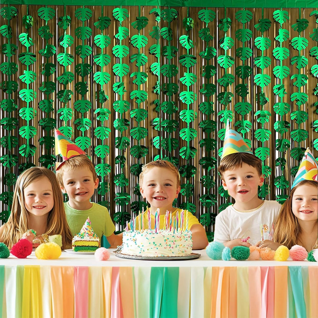 OQOQ Hawaiian Decorations Tinsel Foil Fringe Curtains (4 Pcs) - 3.3x6.6 Ft Dark Gold and Green Tropical Leaves Tinsel Curtains for Summer Jungle Aloha Luau Party Decor Photo Booth Prop Backdrop