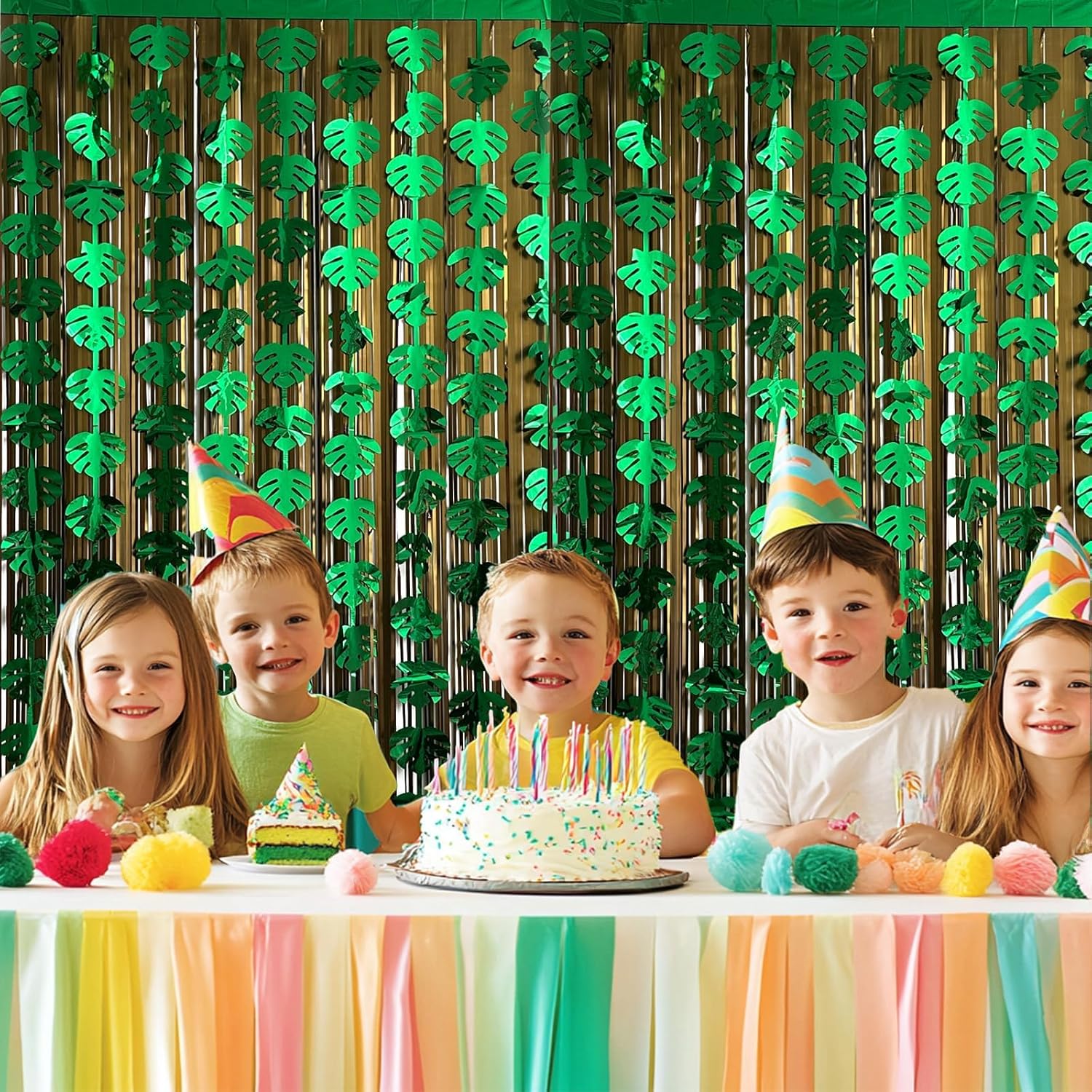 OQOQ Hawaiian Decorations Tinsel Foil Fringe Curtains (4 Pcs) - 3.3x6.6 Ft Dark Gold and Green Tropical Leaves Tinsel Curtains for Summer Jungle Aloha Luau Party Decor Photo Booth Prop Backdrop