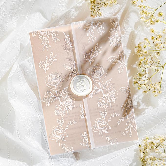 50 Pack Pre-Folded Vellum Jackets for 5x7 Invitations,AZAZA Translucent Invitation Sleeves,115GSM Vellum Jackets 5x7, Wedding Invitation Accessories,for Weddings Birthdays,Botanical Flower Pattern