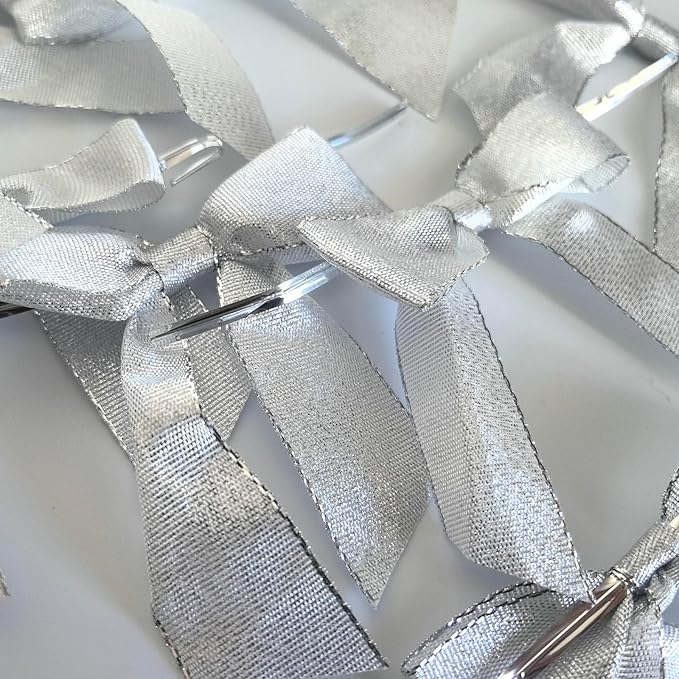 50pcs 3-1/2" Metallic Silver Glitter Ribbon Bows with Twist Ties for Gift Wrapping Packing Christmas Big Bows for Holiday Decoration (Silver)