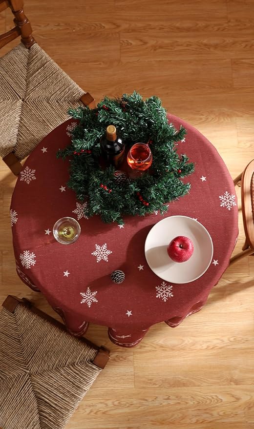 ISAENNE Designer Christmas Red Small Round Tablecloth,Linen Table Cloth with Snowflakes Pattern,Wrinkle Resistant Decor Tablecloths for Dining Kitchen Thanksgiving Christmas,Diameter 55"-Carol C