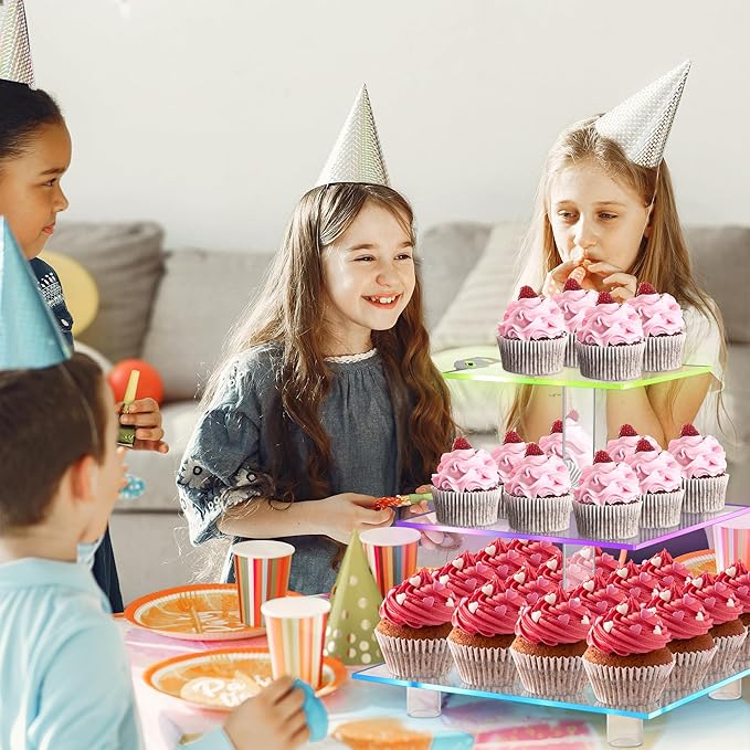 Cupcake Stand for 24 Cupcakes, 3 Tier Cupcake Holder with Rechargeable LED, 7 Colors Light Cupcake Tower, Acrylic Dessert Table Display Set for Weddings, Christmas, Birthday, Parties