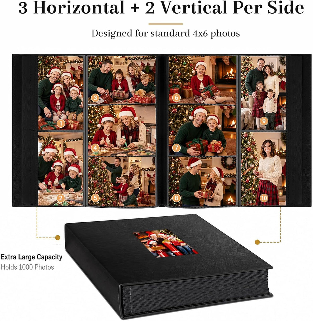 Aevdor Large Capacity 4x6 Photo Album, 1000 Photos, Leather Cover, Black