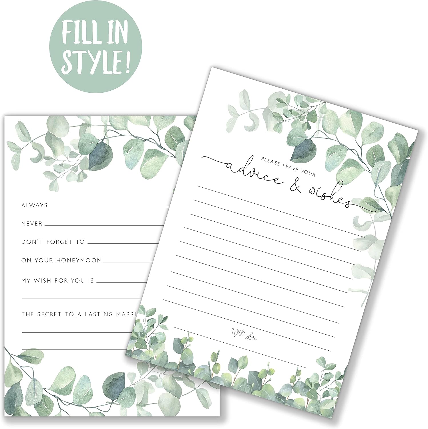 Your Main Event Prints Eucalyptus Advice and Wishes Cards for Bridal Showers, Weddings, and the Bride and Groom - Pack of 50 5"x7" Cards