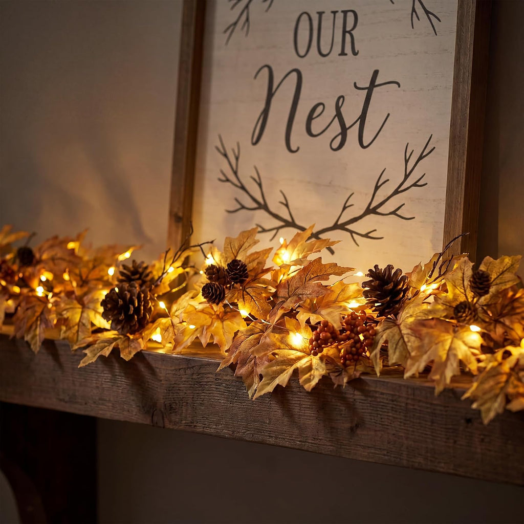 6ft lighted fall garland with 30 lights & showing dimensions