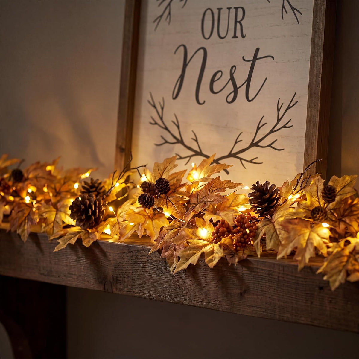 6ft lighted fall garland with 30 lights & showing dimensions
