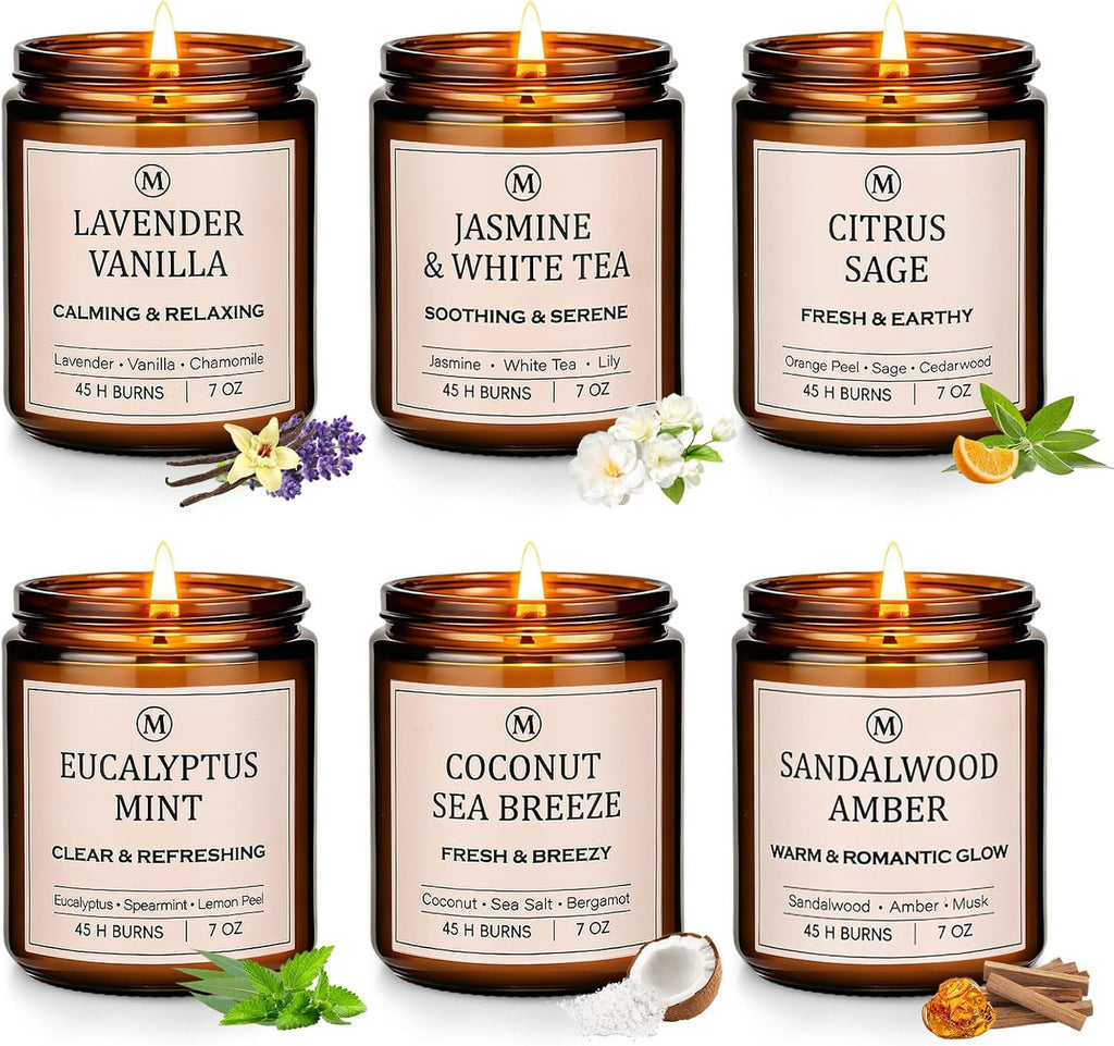 6-Pack Scented Soy Candle Set – Lavender Vanilla, Eucalyptus, Sandalwood, Jasmine & White Tea, Coconut, Sage | Natural Long Lasting Aromatherapy Candles for Home, Relaxation & Birthday Gifts