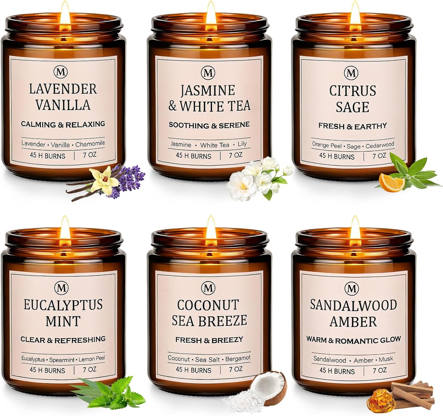 6-Pack Scented Soy Candle Set – Lavender Vanilla, Eucalyptus, Sandalwood, Jasmine & White Tea, Coconut, Sage | Natural Long Lasting Aromatherapy Candles for Home, Relaxation & Birthday Gifts