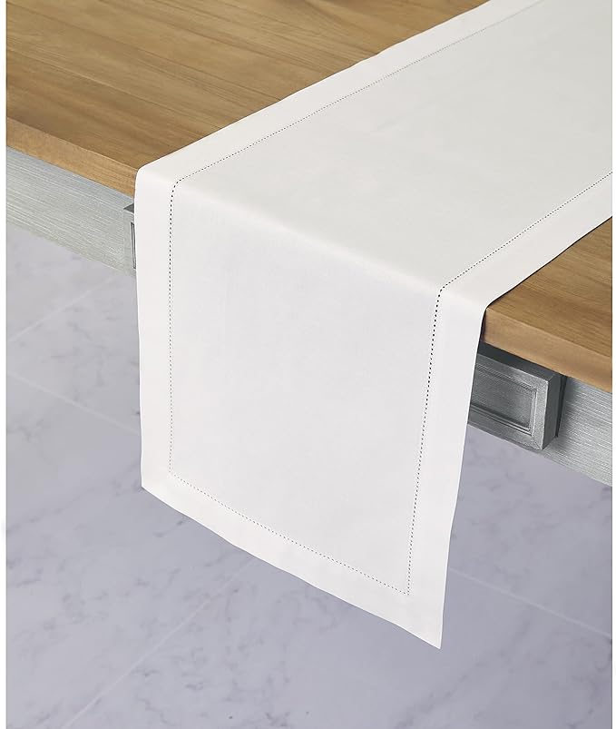 Solino Home Cotton Linen White Table Runner 72 Inches Long - Hemstitch Table Runner 14 x 72 Inch for Dresser, Dining, Fall, Autumn, Halloween, Thanksgiving, Christmas, Holiday