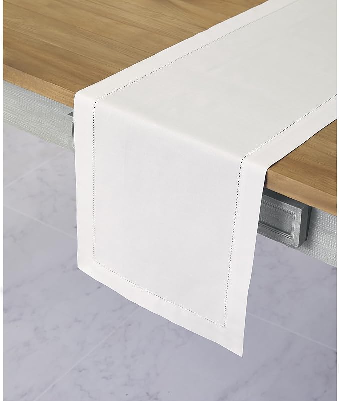Solino Home White Table Runner 120 Inches Long - Cotton Linen Hemstitch 14 x 120 Inch Table Runner for Dining, Fall, Autumn, Halloween, Thanksgiving, Christmas, Holiday